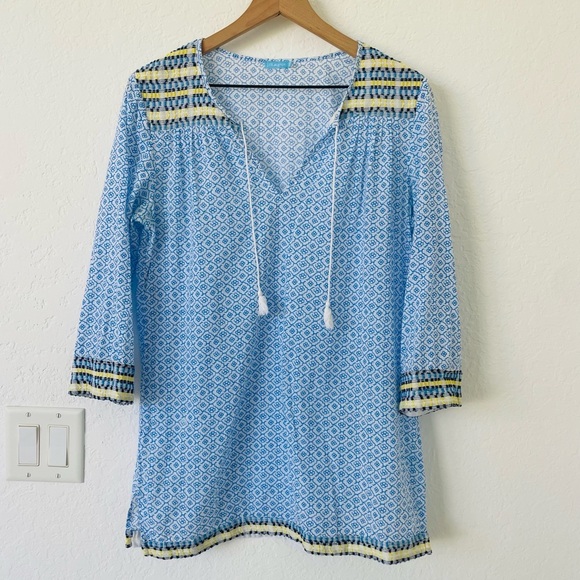 J McLaughlin Tunic Top S Coastal Boho Peasant Blouse Colorful Resort Beachwear - Picture 1 of 16
